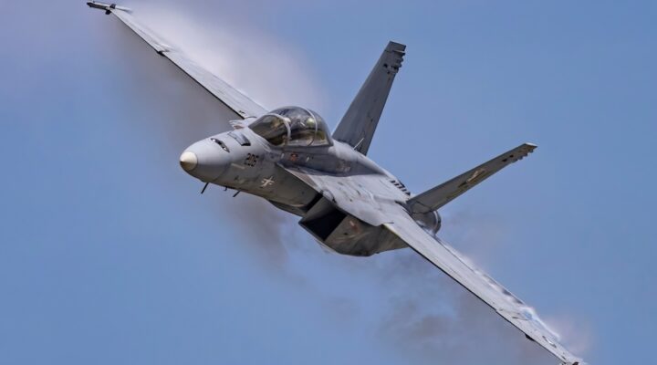 CLEVELAND, OHIO USA - September 3, 2023: An FA-18 Super Hornet performs a demo at the 2023 Cleveland International Airshow.