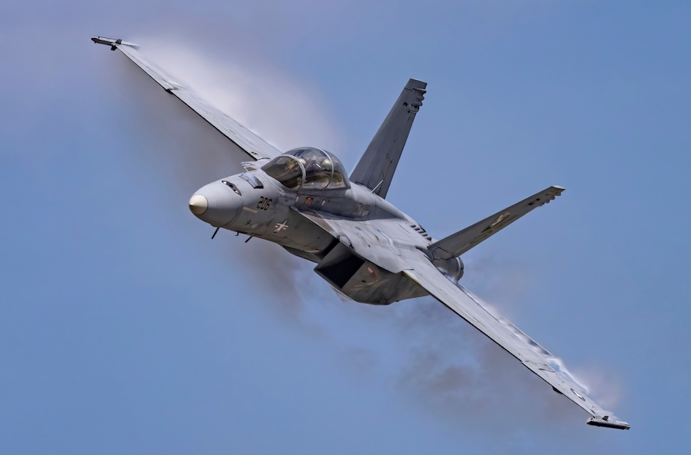 CLEVELAND, OHIO USA - September 3, 2023: An FA-18 Super Hornet performs a demo at the 2023 Cleveland International Airshow.